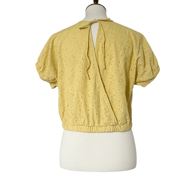 Madewell Eyelet Crop Top Puff Sleeve Yellow Tie Back Casual Blouse Size‎ S - Picture 6 of 10